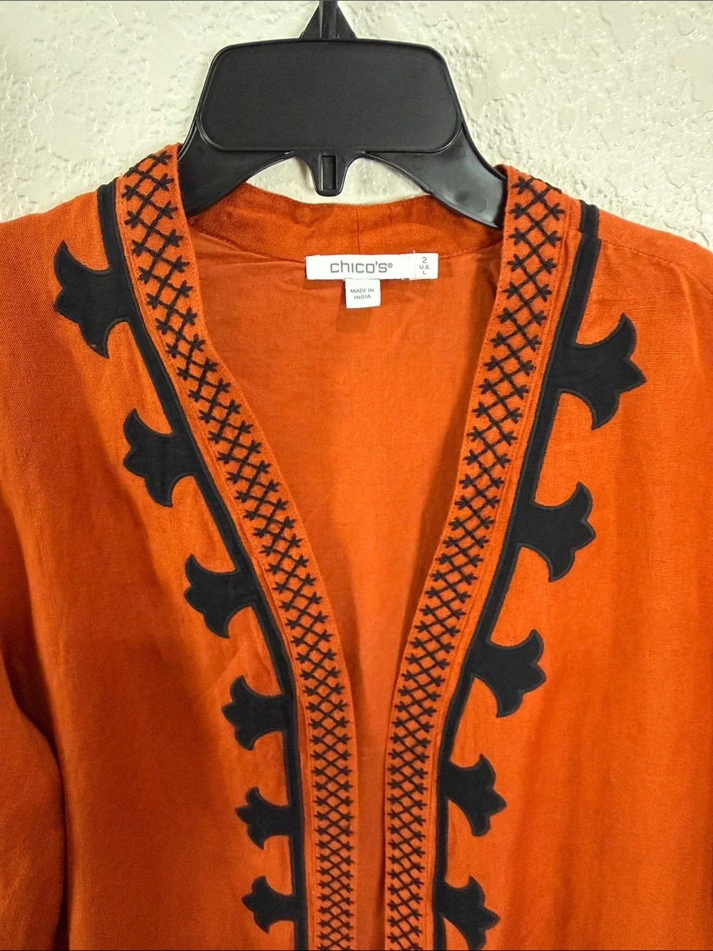 Chico's Burnt Orange Open Embroidered Cardigan with Black Motifs,Size L